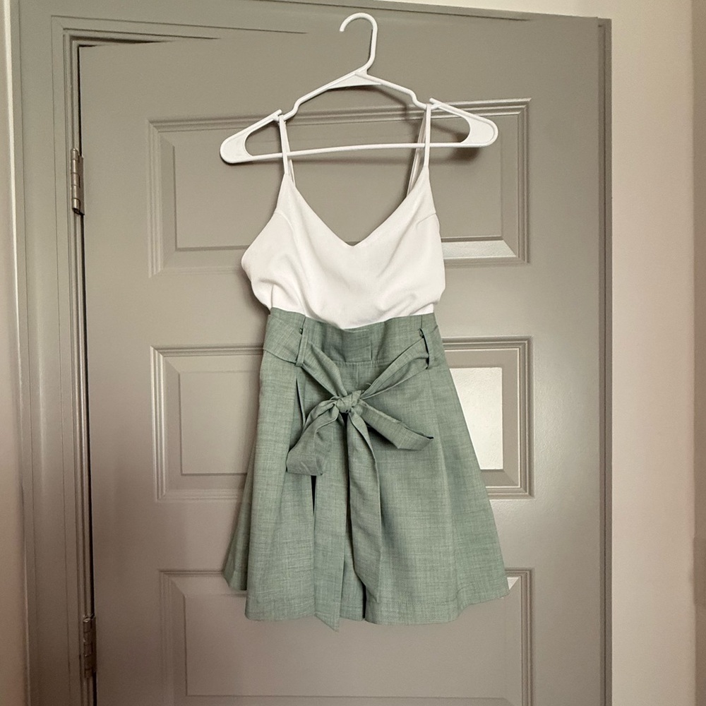 Pink Lily Tie Waist Romper-Sage Green & White
